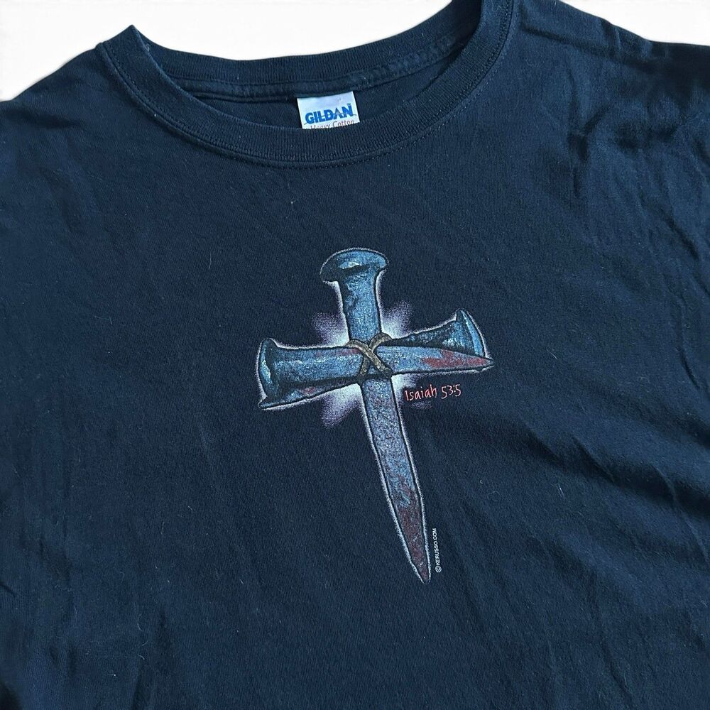 Vintage 90s Y2K Kerusso Jesus Crusifixtion Nail Shirt Isaiah 53:5 Black Men's L